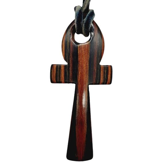 No Brand Jewelry - ANKH Brown Carved Wood Ankh 3" on Leather Necklace